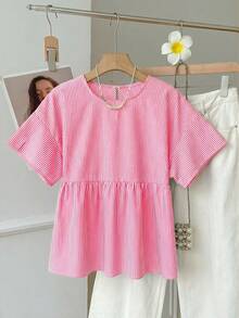 SHEIN EZwear Áo sơ mi nữ tay ngắn cổ tròn kẻ sọc đỏ trắng, kiểu dáng thường ngày, thích hợp cho mùa hè. - Đỏ và trắng - Xem 7