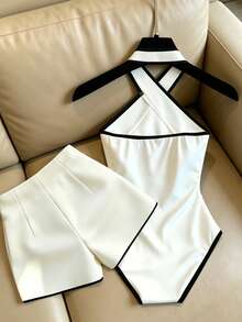 Franclia Mono blanco sólido para mujer, shorts blancos con ribete de contraste, mono de cuello halter con ribete de contraste - Blanco - Ver 2