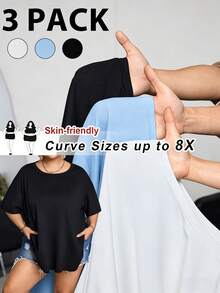 SHEIN CURVE+ Bộ 3 áo thun tay ngắn cổ tròn dáng rộng cỡ lớn dành cho mùa hè, màu trắng, đen và xám, thương hiệu Curve Plus, Hoho Vacation. - Nhiều màu - Xem 9