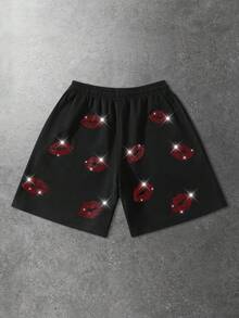 ROMWE MEN Pantalones cortos casuales con estampado de labios con rhinestones para hombres, adecuados para primavera y verano - Negro - Ver 2