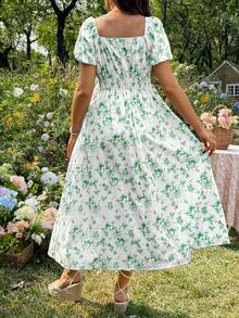 SHEIN Maternity Floral Print Ruched Square Neck Short Sleeve Dress For Summer - Green - View 2