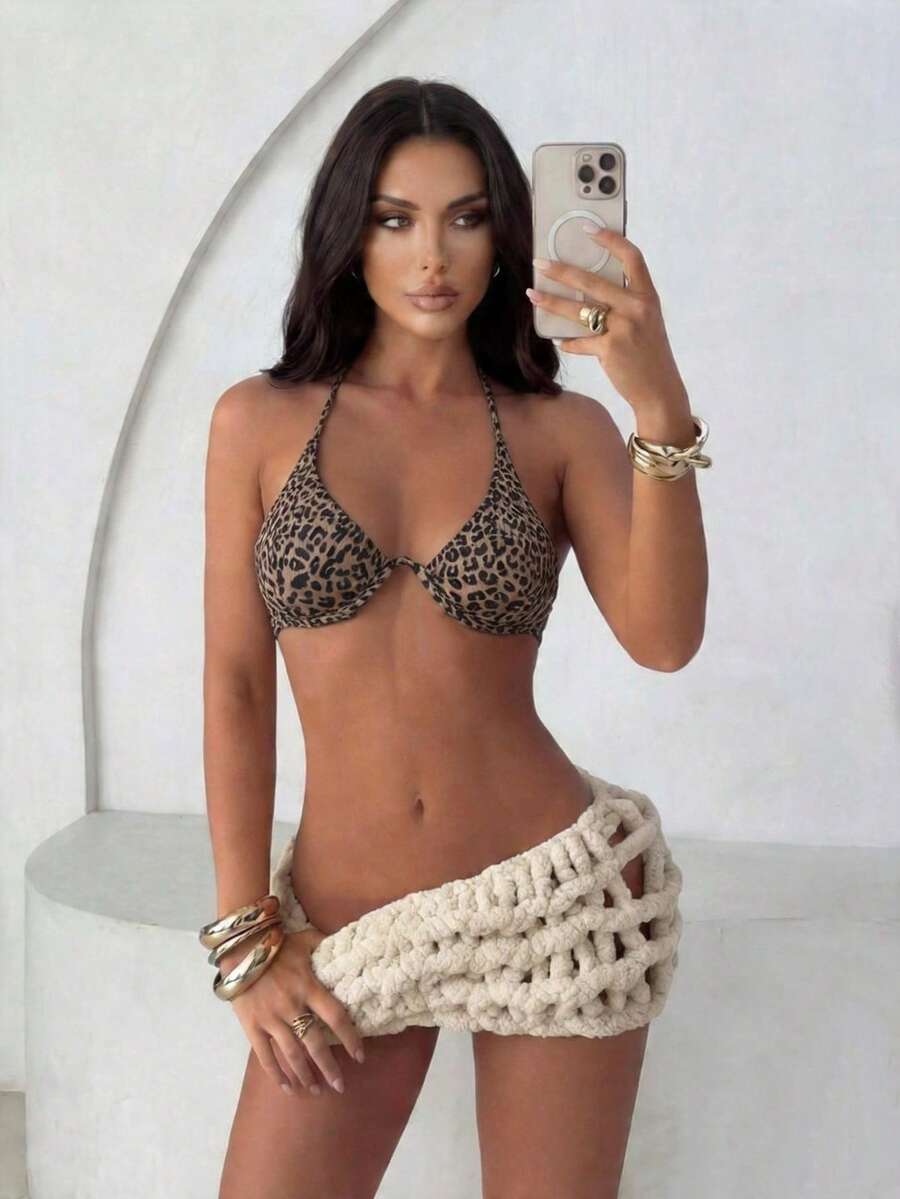 SHEIN Swim Top bikini con aro de leopardo - Multicolor - Ver 1