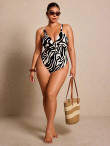 Elaquor Plus Size Women Patchwork Color Strap One-Piece Swimsuit, Suitable For Beach Vacation, Pool Party, Beach Party Summer - Multicolor - View 4