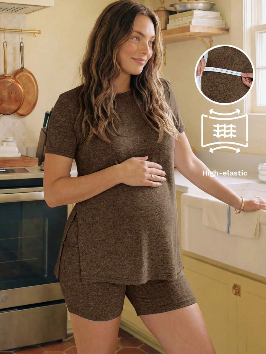 Slowluna 2pcs Maternity Casual Round Neck Short Sleeve Split Hem T-Shirt And Adjustable Waist Shorts Set - Brown - View 1