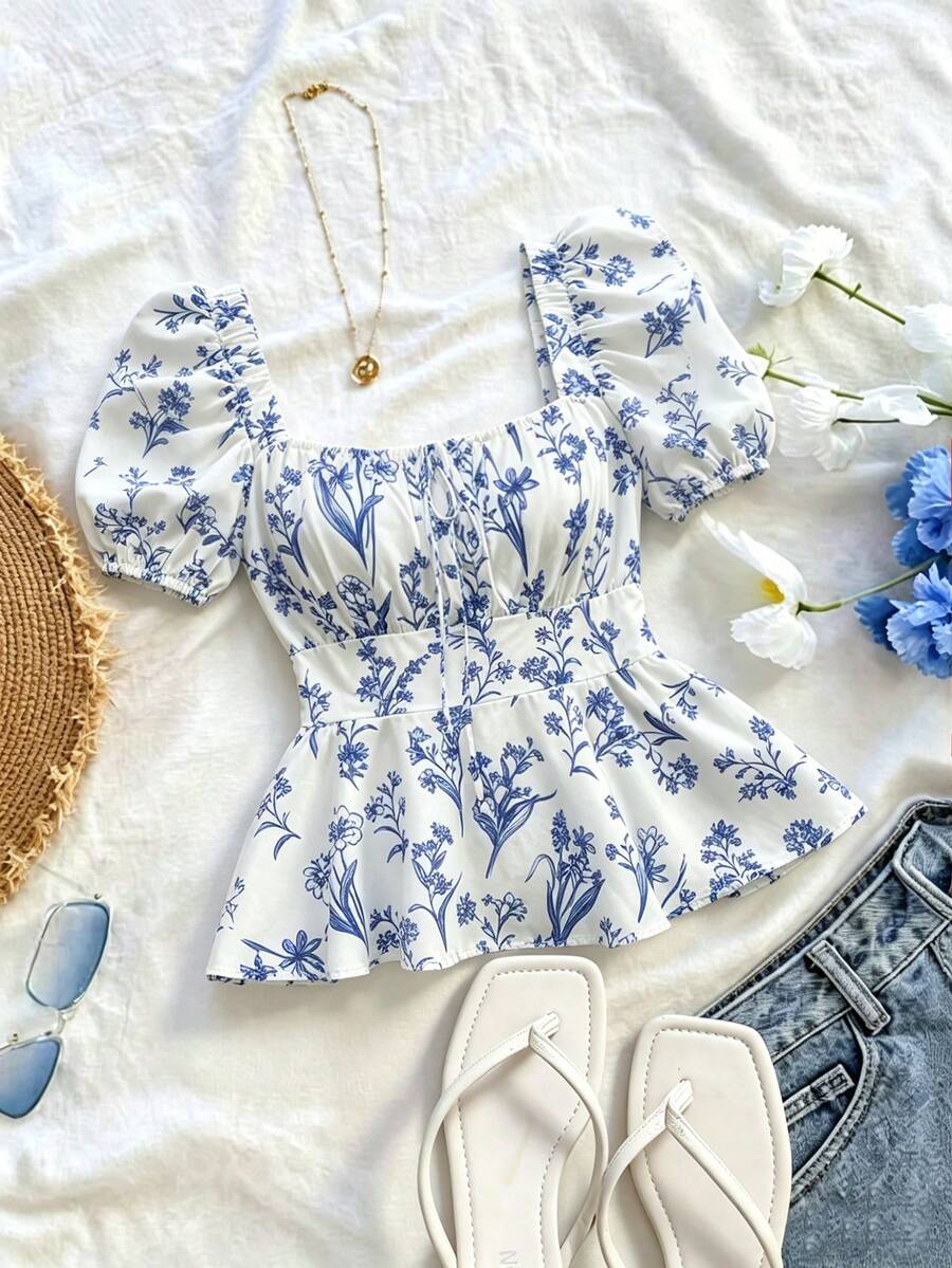 Trelyra 休闲 - 度假休闲系带随机印花花卉衬衫 - 藍色 - 查看 1