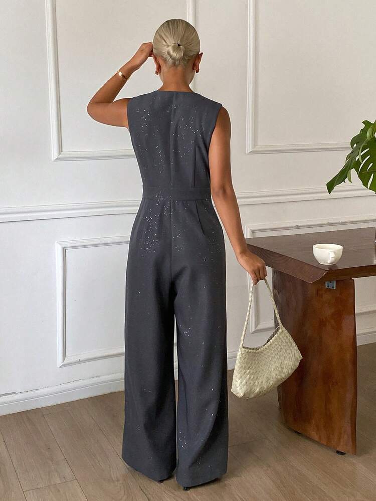 Women's V-Neck Fitted Shiny Pocket Sleeveless Jumpsuit, Suitable For Spring And Summer