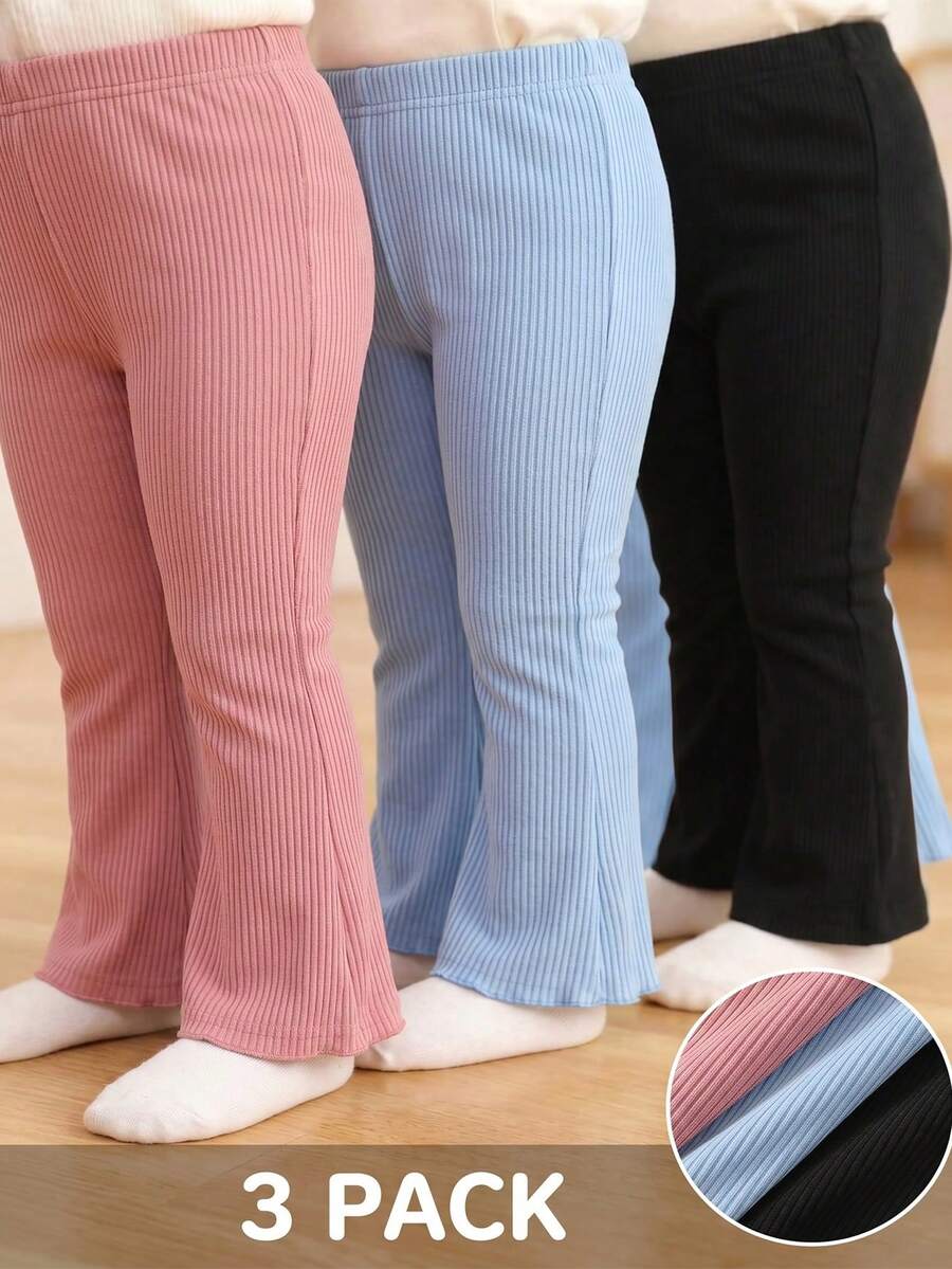 SHEIN Playful Pals 3件組女嬰純色休閒長褲，舒適時尚，適合春秋穿著 - 彩色 - 查看 1