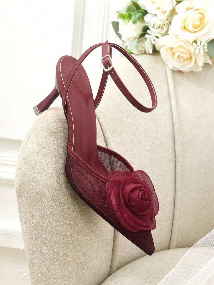 CUCCOO HITCHD Spring And Autumn New Burgundy Thin Heel Pointed Mesh Lace Flower Fashion Versatile Wedding Shoes Ladies High Heel Shoes
