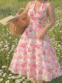 SHEIN MOD Robe mi-longue à col ras-du-cou avec lien à la taille, imprimé tout-sur-tout, pour femmes grandes tailles. Robe d'été, de festival, d'invitée de mariage, de remise de diplôme, de cérémonie, de bal de promo, d'anniversaire, de garden party. Robe décontractée avec imprimé floral vibrant, col ras-du-cou, taille évasée. Robe fleurie rose, robe de soirée pour femmes, robe de garden party, robe d'été - Multicolore - Voir 4
