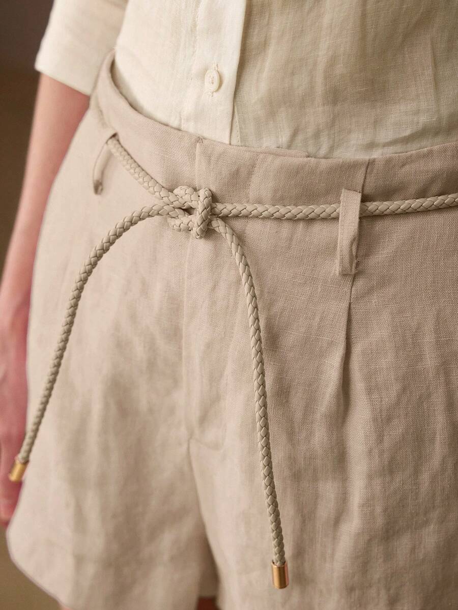 MOTF PREMIUM Quần short thường ngày buộc dây eo, chất liệu 100% linen, thích hợp cho mùa xuân/hè, mặc hàng ngày, hẹn hò, nghỉ mát. - Màu be - Xem 2