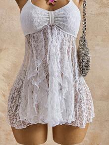 Bellisia 女士夏季沙滩度假薄纱蕾丝露背系带娃娃式吊带泳衣 - 棕色 - 查看 3