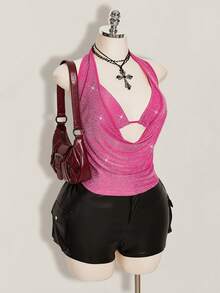 SHEIN ICON Plus Size 2pcs Summer Going Out Beach Hawaii Party Homecoming Concert Club Glitter Backless Women Tank Tops & Camis - Hot Pink - View 7