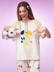 Notgurli Conjunto de pijama de mujer con estampado de cachorrito, de manga corta y pantalón - Multicolor - Ver 7