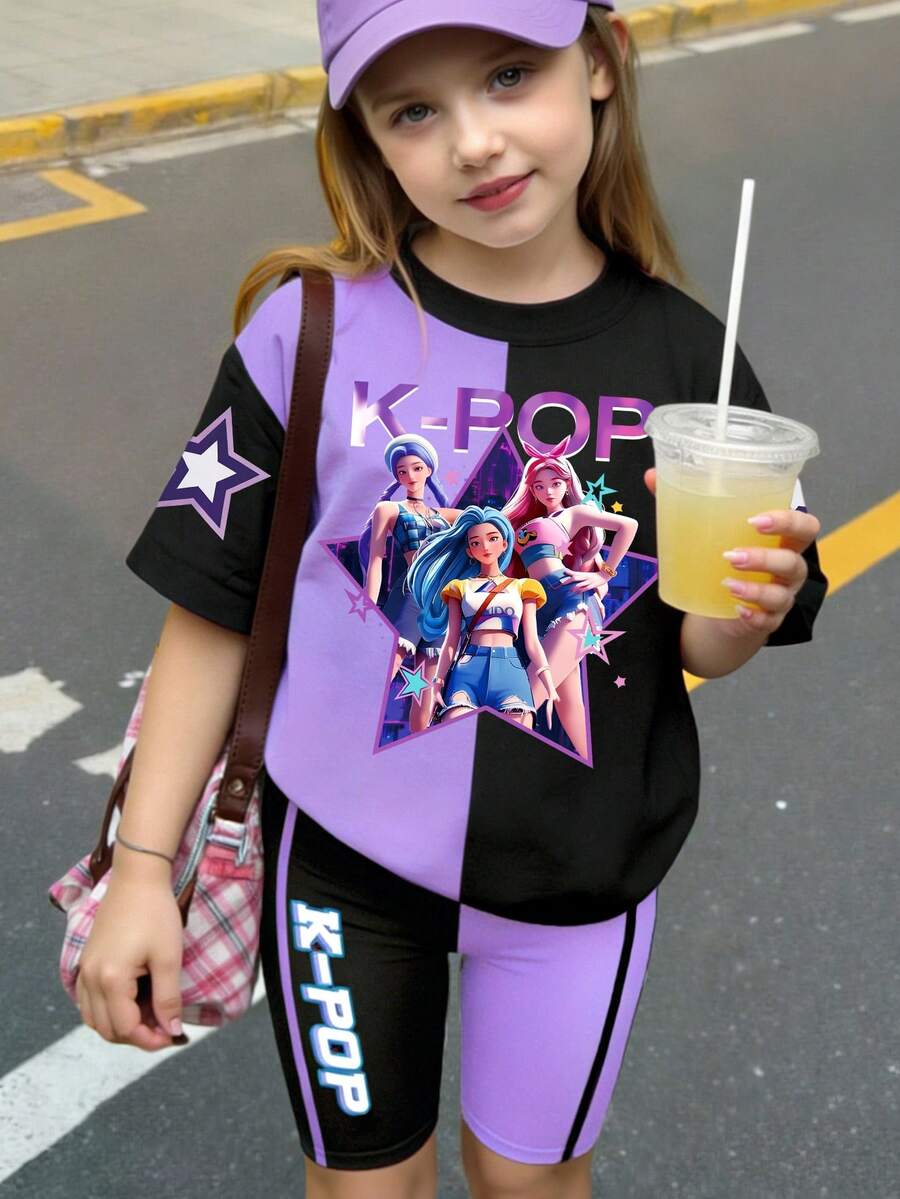 春夏休闲时尚创意个性清新别致简约酷炫虚拟少女团体五角星紫色和黑色字母印花T恤和骑行短裤套装，舒适温暖的夏秋款式，适合少女日常运动装扮。 - 彩色 - 查看 1