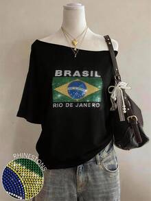 Lalippa Camiseta de mujer de cuello redondo minimalista con adornos de strass con estampado de Brasil, regalo para amigos - Negro - Ver 1