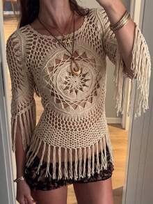 Selianne Apricot Hollow-Out Beach Vacation Crochet Tasseled Square Neck Dolman Sleeve Knit Sweater, Spring/Summer - Apricot - View 9