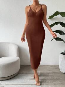 SHEIN Clasi 女士纯色优雅收腰针织吊带连衣裙，适合约会和派对穿着 - 棕色 - 查看 6
