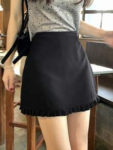 DAZY Women's Solid Color Patchwork Pleated Ruffle Hem Casual Vacation Summer Skirt Shorts - Black - View 1