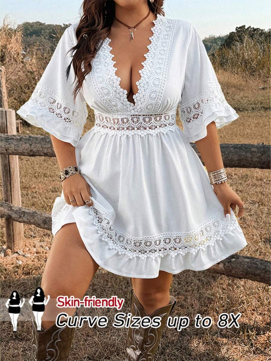 SHEIN CURVE+ Plus Size Women White Summer Boho Party Vacation Holiday V-Neck Ruffle Flare Sleeve Cinched Waist Hollow Out Lace Prairie Minimalist Slim Midi Dress - White - View 1
