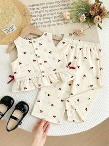 SHEIN LMoss Kids Baby Girl Cherry Print Ruffle Trim Vest And Elastic Waist Pants Set - Red - View 4