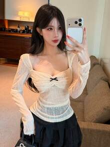 DAZY 白色蕾丝花卉图案短款上衣，适合春夏穿着，优雅百搭，适合情人节、婚礼、派对、正式场合，时尚修身，透视网纱长袖女式上衣 - 米色 - 查看 9