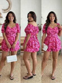 Enliva Jennifer_samantha_style Plus Allover Floral Print Puff Sleeve Romper, Summer, For Apple Rounded Body Shape - Hot Pink - View 4