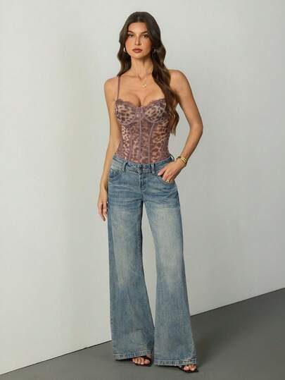 SHEIN Tall Áo liền thân ren họa tiết da báo, kiểu corset, gợi cảm, thích hợp cho kỳ nghỉ, tiệc tùng, hẹn hò, ngày Valentine, tiệc trà chiều.