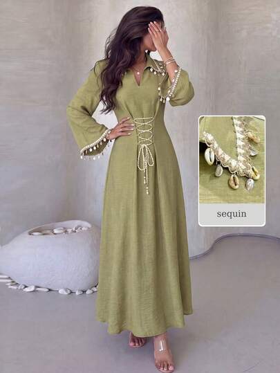 Al Najma Women's Spring/Summer Green Woven Long Sleeve Cinched Waist A-Line Sequin Drawstring Tie Elegant Romantic Arabic Dress Sage Green Beaded Collar Lace-Up Waist Flare Sleeve Midi Spring Wedding Guest Elegant Green Formal Midi Chic Collared V-Neck Lace-Up Waist Flare Sleeve Midi Dress Spring Wedding Guest Modest Elegant Outfit Bridesmaid Dress Spring Wedding Sage Green Premium Textured Woven Fabric Fitted Lace-Up Waist & Flowy A-Line Midi Skirt Maxi Dress Elegant Dresses For Women Casual Dress For W
