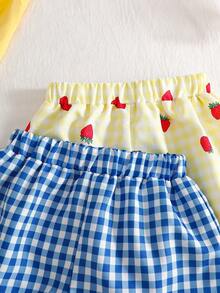 SHEIN Playful Pals 4件套：女童甜美樱桃草莓印花吊带背心和草莓格子碎花短裤，清新夏日度假风，适合海滩、旅行和其他夏季场合。 - 彩色 - 查看 7