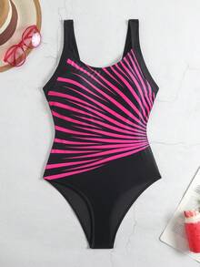SHEIN Swim 1 件女士纯色玫红色条纹印花圆领宽肩带简约日常休闲连体泳衣 - 彩色 - 查看 6