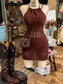 SHEIN LUNE Vestido de punto de malla con escote halter y espalda descubierta, unicolor, de moda para mujer en verano - Óxido marrón - Ver 4