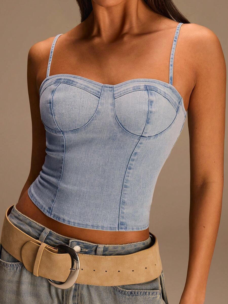 Athîral Denim Women's Casual Vacation Camisole Tight Denim Crop Top, Spring/Summer - Light Wash - View 1