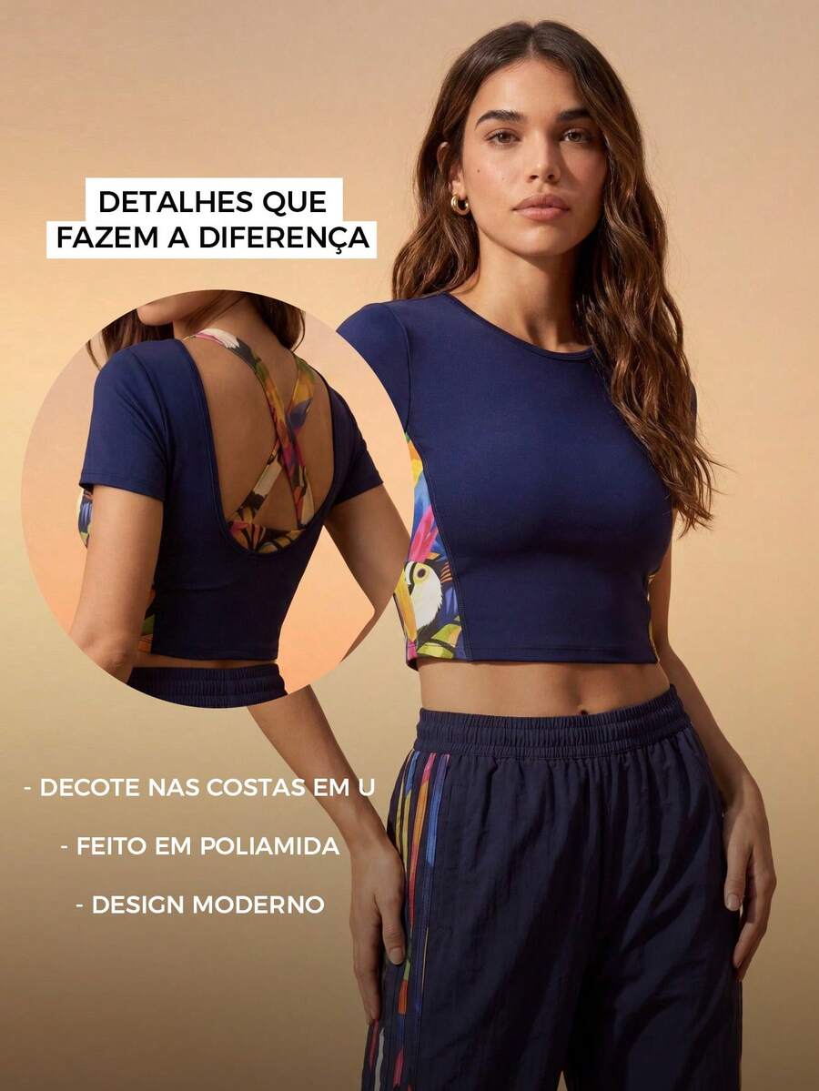 Graphic Print Round Neck Backless Fitted Summer Sporty T-Shirt