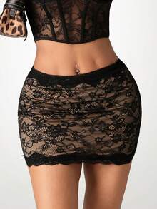 SHEIN ICON Sexy Lace Fitted Mini Skirt, Summer - Black - View 1