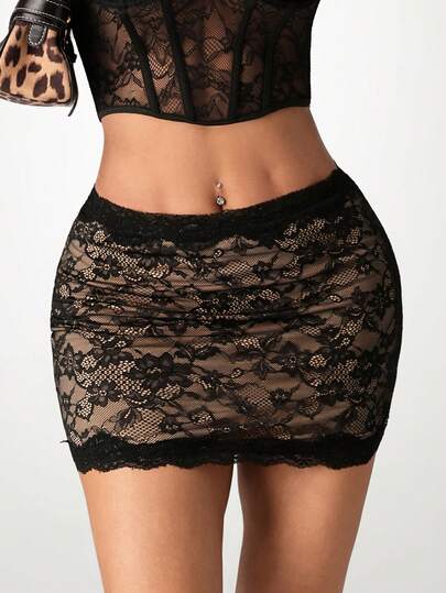 SHEIN ICON Sexy Lace Fitted Mini Skirt, Summer