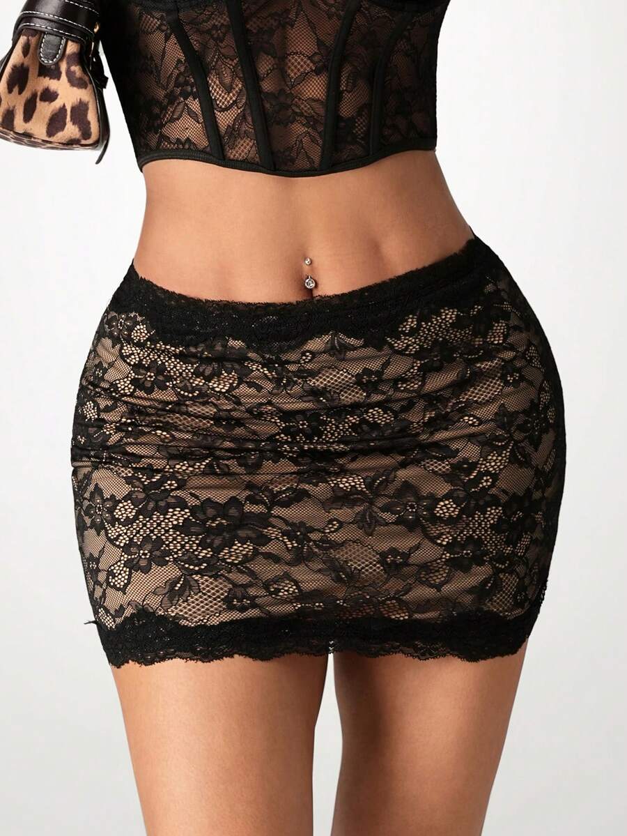 SHEIN ICON Sexy Lace Fitted Mini Skirt, Summer - Black - View 1