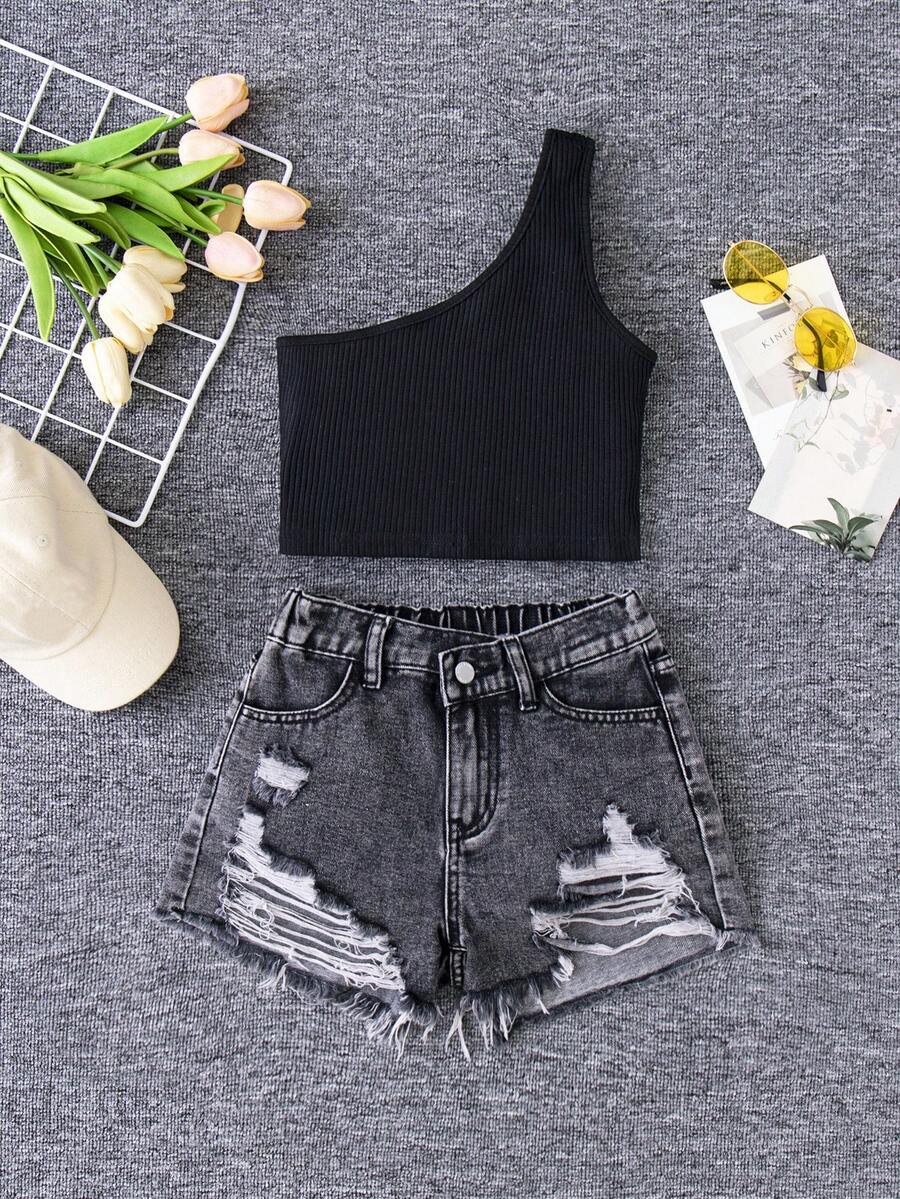 SHEIN Tween Girl 2pcs Knitted One Shoulder Top And Distressed Denim Shorts, Casual And Versatile Cowgirl Outfit - Black - View 1