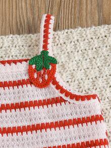 2pcs Baby Girls Sleeveless Red And White Stripe Top,Strawberry Embroidery Decor,Elastic Waist Shorts,Summer Cute Vacation Casual Sweet Set For Daily - Red and White - View 8