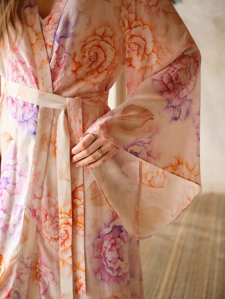 PRINTED LONG LOOSE BELTED ROBE, SPRING/SUMMER