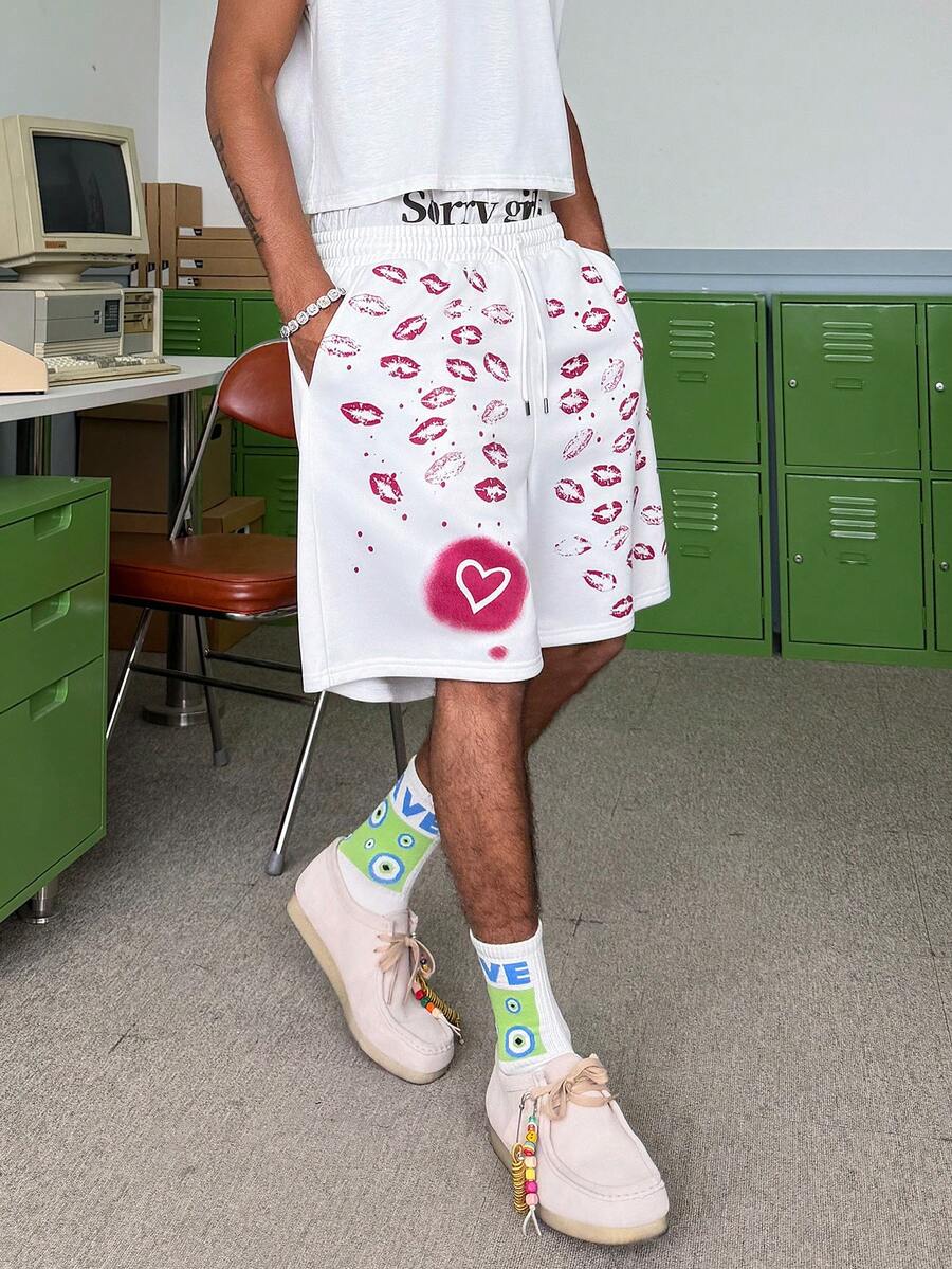 STEELVANCE Men's Casual Lip & Heart Print Shorts For Summer Youth Summer Outfits  Y2K - White - View 1