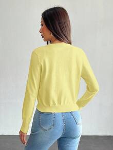 SHEIN PETITE 纯色纽扣开衫，秋冬季针织毛衣 - 淡黃色 - 查看 2