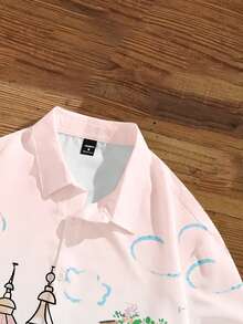 Manfinity Joysei Men's Casual Daily Wear Architecture Print Button-Front Short Sleeve Shirt, Summer - Baby Pink - View 4