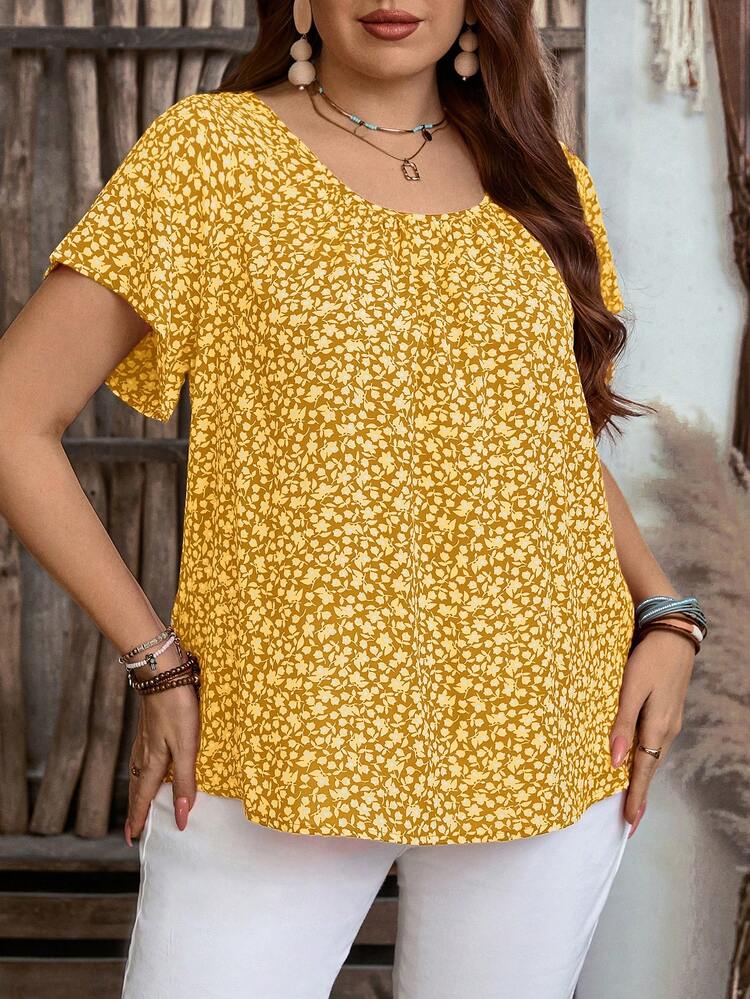 Plus Size Women All-Over Floral Print Short Sleeve Casual Shirt,Boho For Women/Summer,Vacation Outfits Woman