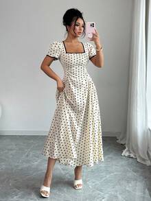 SHEIN PETITE Đầm maxi nữ mùa xuân/hè dáng suông, cổ vuông, tay ngắn, phối nhiều mảnh vải, eo nhún, gấu xòe, họa tiết chấm bi đen và mơ, thích hợp cho đi học/nghỉ hè/du lịch/tụ họp gia đình/lễ tốt nghiệp/tiệc tùng/lễ hội âm nhạc. - Đen và trắng - Xem 6