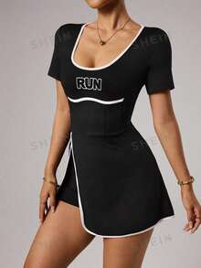 SHEIN Sports 大码女式撞色拼接修身运动连衣裙 - 黑色 - 查看 7