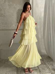 Aloruh Women's Spring/Summer New Elegant Romantic Fashionable Bohemian Art Vacation Date Ruffled Halter Dress, Yellow - Yellow - View 7