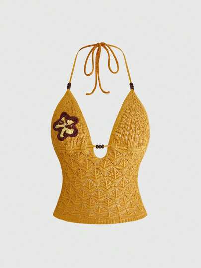 ROMWE Hippie Y2K Babe Island Knit Floral Bikini Crochet Crop Top, Summer Vacation Coconut Girl Knit Blouse For Women