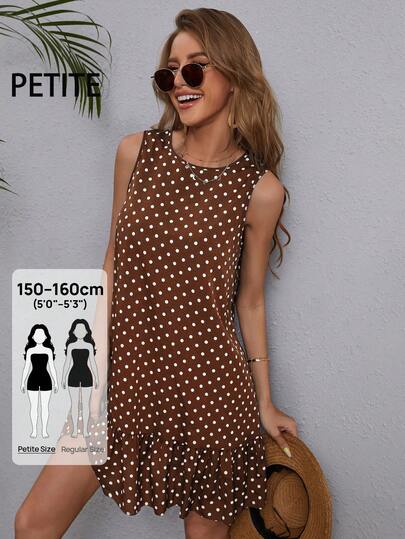 EMERY ROSE Mature Petite Vintage Polka Dot Print Sleeveless A-Line Dress With Ruffle Hem, Casual Loose Elegant Commuter Vacation Dress For Women, Spring/Summer