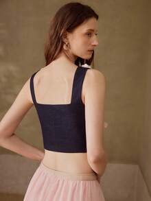 PREMIUM Áo tank top nữ cổ vuông thêu hoa 3D, khóa kéo kim loại. - Màu xanh hải quân - Xem 4