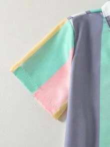 两件套男童休闲马卡龙蓝、粉色、黄色拼接纹理条纹领口袋衬衫搭配纯色条纹短裤，夏季上学度假套装 - 綠色 - 查看 7